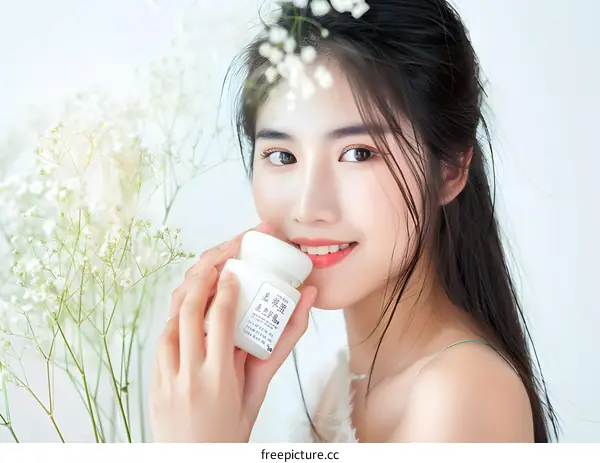 Smiling Asian Woman Holding a Jar of Skin Care Cream