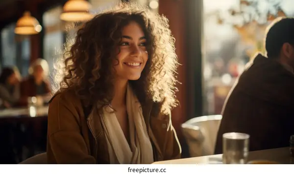 Portrait of a smiling young woman with curly hair sitting in a restaurant