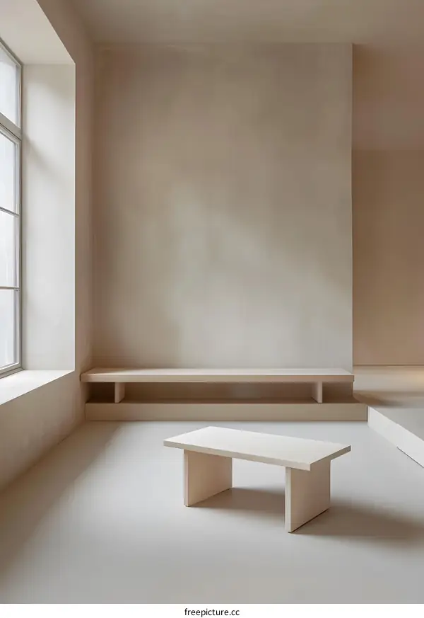Minimalist Interior Design with Wooden Bench and Table