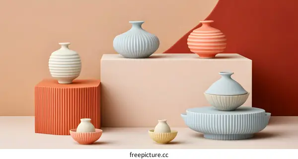Ceramic Vases and Bowls on Colorful Background