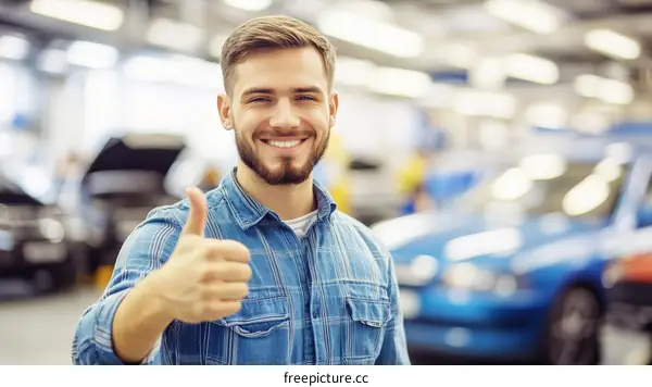 Friendly Caucasian Male Mechanic Giving Thumbs Up in Garage