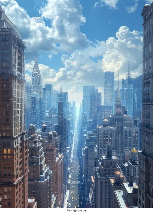 Elevated View of a City Street with Skyscrapers