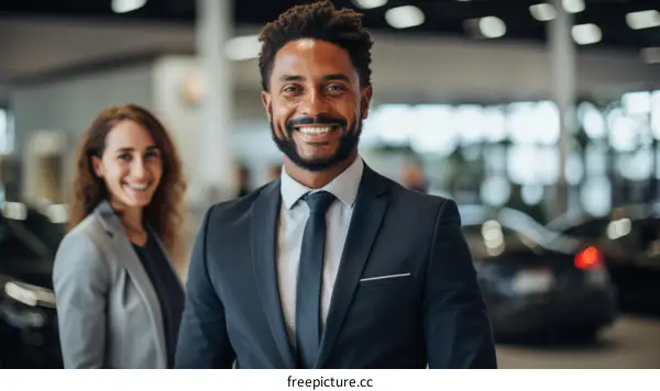 A car salesman standing in a showroom with a customer in the background