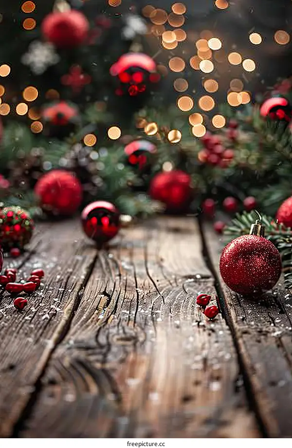 Red and Green Christmas Baubles on a Rustic Wooden Table