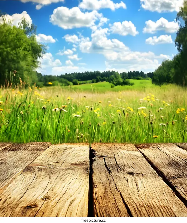 Wooden Plank Table Top Against Green Grass Field Background