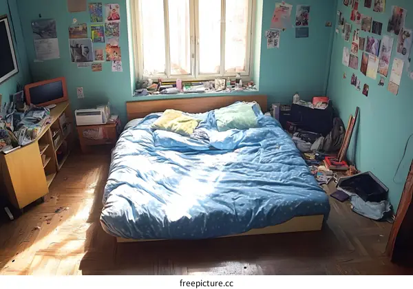 Blue Bed in a Messy Bedroom