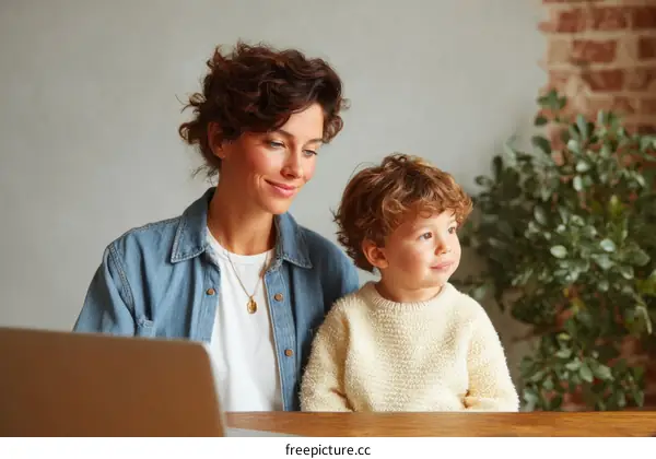 Mother and Child Working Together at Home