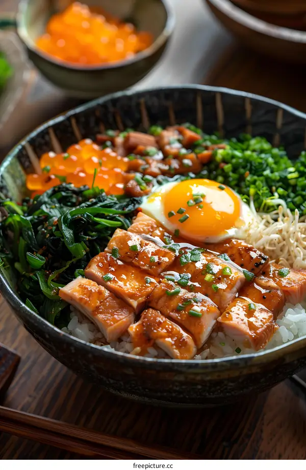 Salmon Teriyaki Donburi with Spinach and Egg