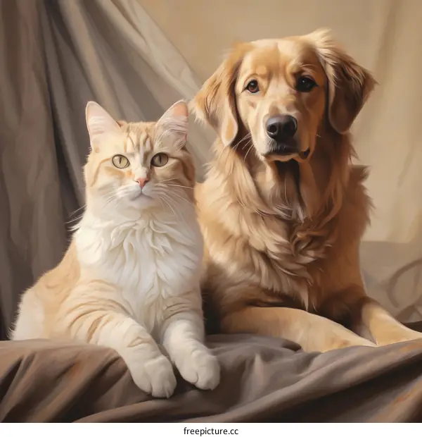 Ginger Cat and Golden Retriever Cuddle on Brown Blanket