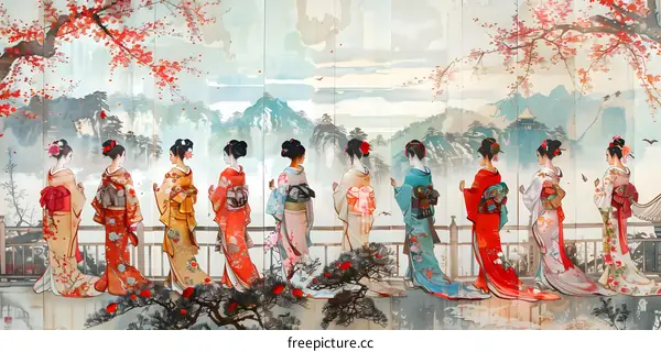 Eight Japanese women in traditional kimono with cherry blossom trees in the background