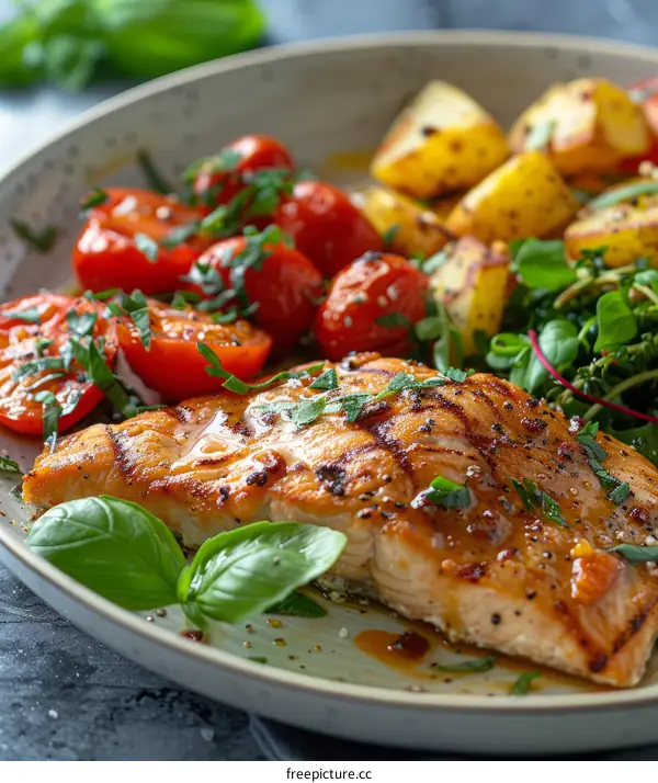 Grilled salmon with roasted potatoes and tomatoes