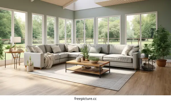 Modern Living Room with Sectional Sofa, Large Windows & Natural Light