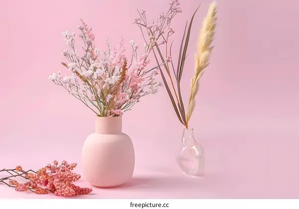 Pink and White Flowers in Vases on Pink Background