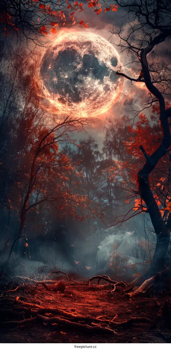 A Blood Moon Rises Over a Spooky Forest