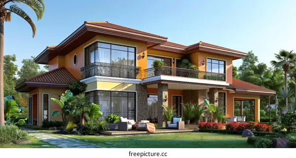 Modern House Surrounded by Tropical Palm Trees