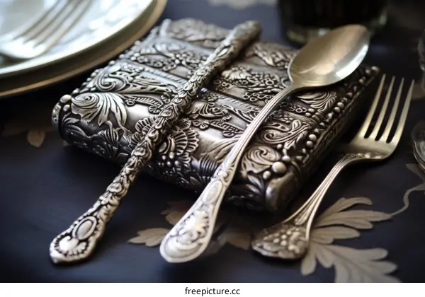 Ornate silver cutlery on a table