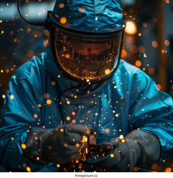 welder wearing protective gear and welding mask working on metal