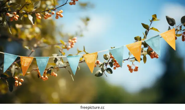 Colorful triangle flags hanging on tree branches in a garden