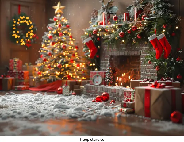Christmas Presents by the Fireplace