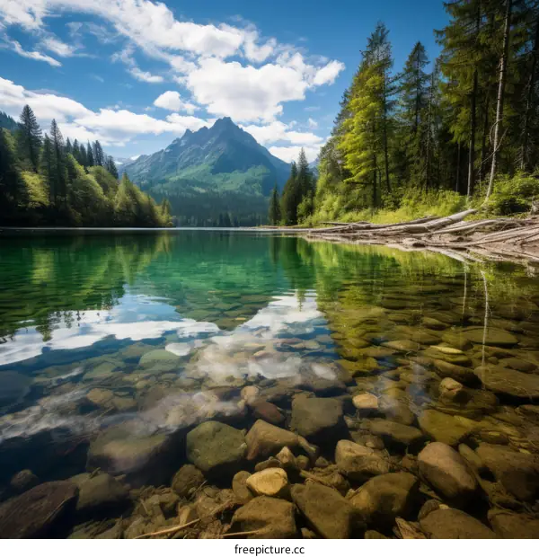 The crystal clear water of a mountain lake reflects the sky above