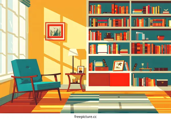 Living Room Interior Design with Bookshelf and Armchair