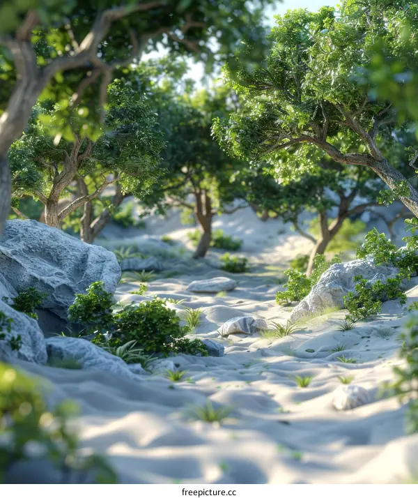 Desert Landscape with Sunlight Filtering Through Trees
