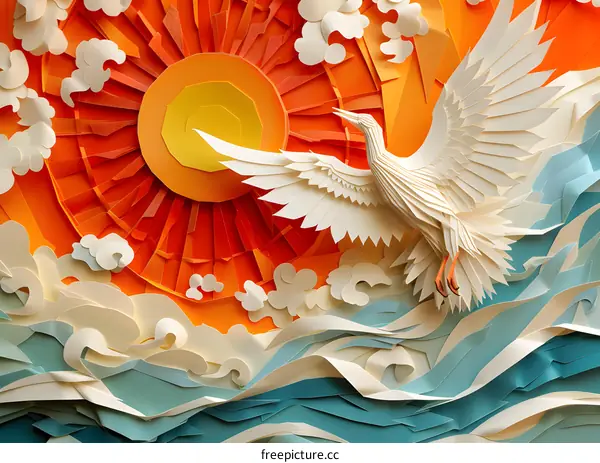 Paper Cut Art Crane Sunrise Ocean