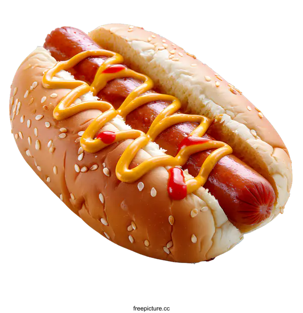 [Transparent Background PNG]Hot dog with ketchup and mustard on a sesame seed bun
