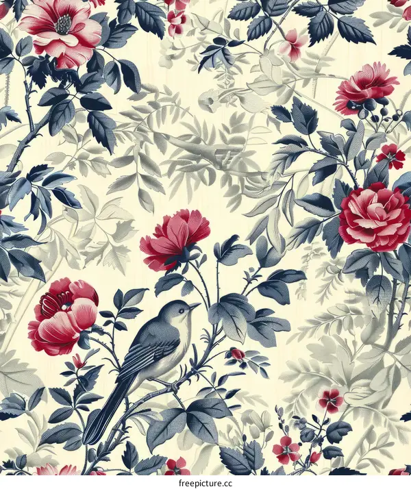 Vintage Botanical Illustration of Birds and Flowers