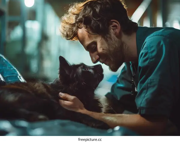 Bearded veterinarian smiling at a black dog