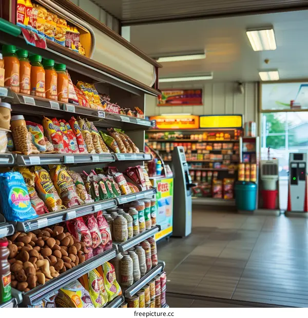 A well-stocked grocery store with a variety of snacks, drinks, and other items.