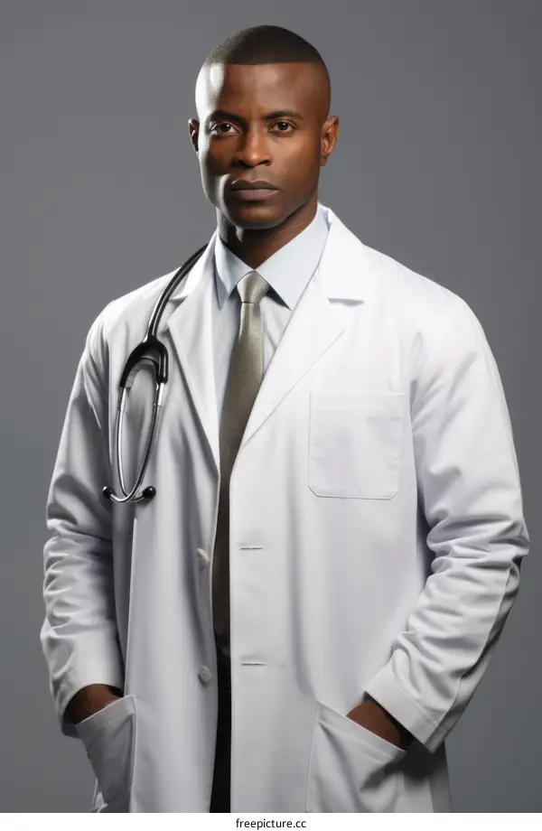 Portrait of a male doctor of African descent wearing a white lab coat and stethoscope