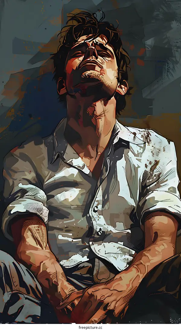 A man sits in a chair with blood on his shirt