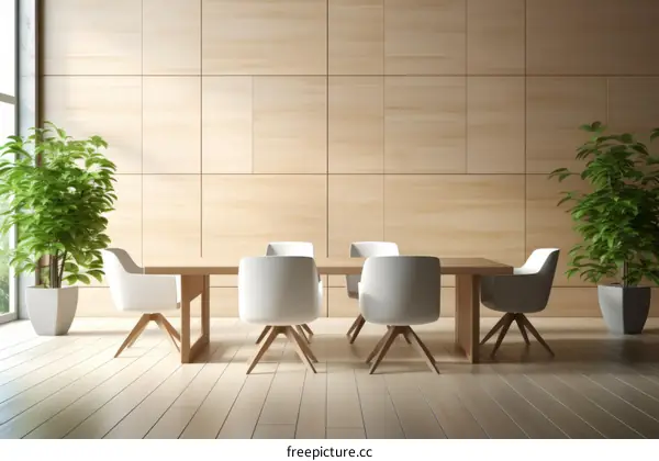 Modern Conference Room with Large Wooden Table and White Chairs
