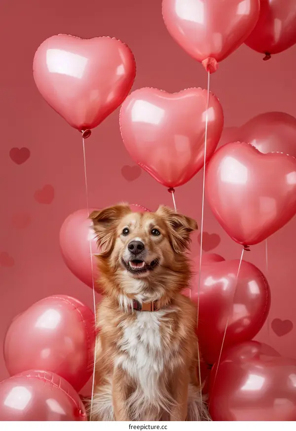 A smiling dog surrounded by pink heart-shaped balloons