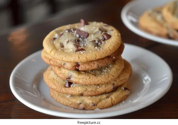 A stack of chocolate chip cookies on a white plate