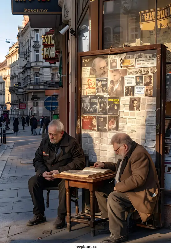 Two Men Reading a Book on a Street in Budapest