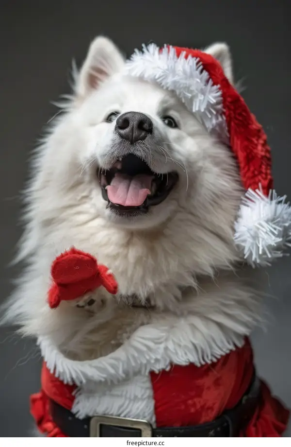 Samoyed dog wearing a Santa hat