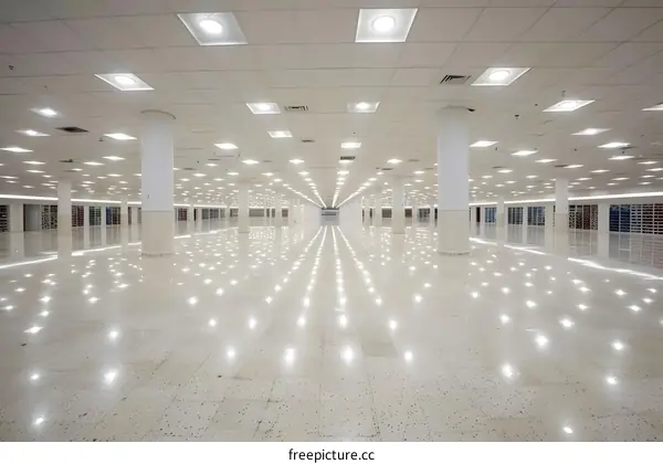 Empty White Room With Many Lights And Columns