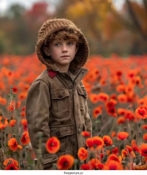 Portrait of a boy in a field of red flowers