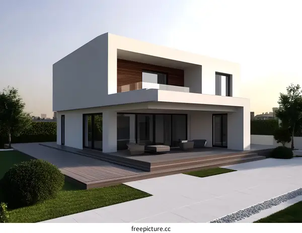 Modern House with Large Wooden Deck and Patio Furniture