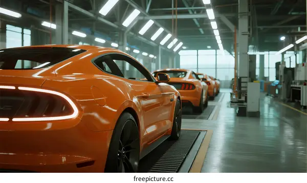 Automobile production line with orange cars moving along conveyor belt