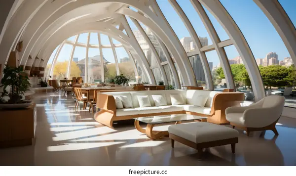 Modern Interior with Curved White Furniture and Large Windows