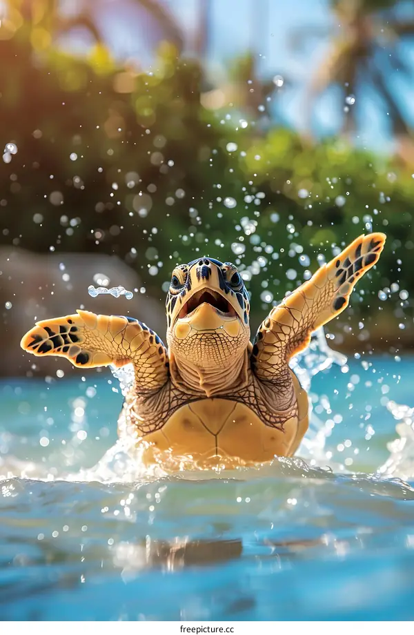 Happy Sea Turtle Splashing in Water