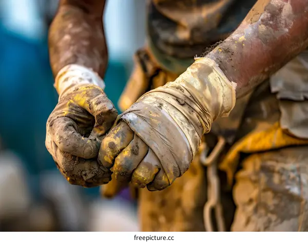 Construction worker with dirty hands wearing gloves