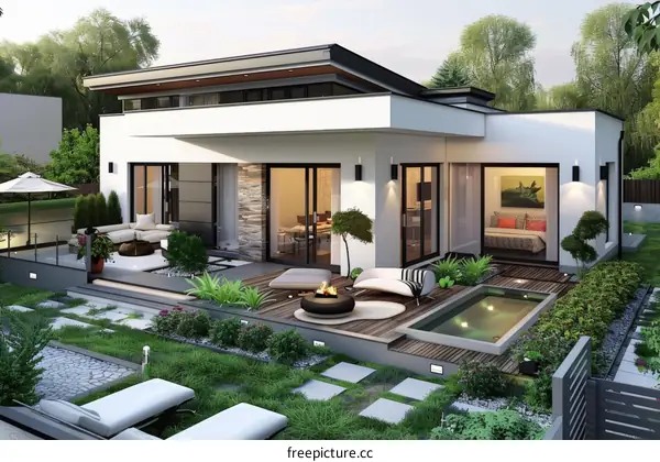 Modern House Exterior Design with Patio and Pool