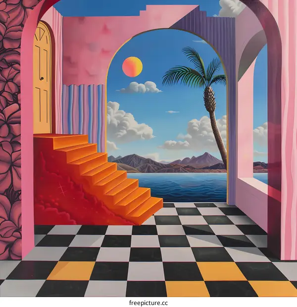 Surrealist Artwork with Staircase, Palm Tree, Ocean, and Mountains