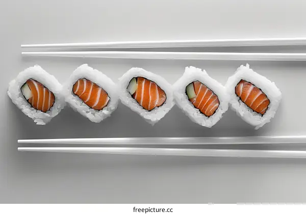 A minimalist illustration of five pieces of sushi with chopsticks on a white background