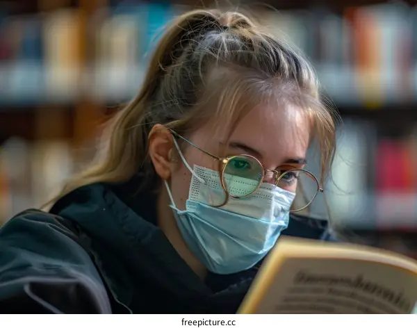 A young woman wearing a mask is reading a book in a library