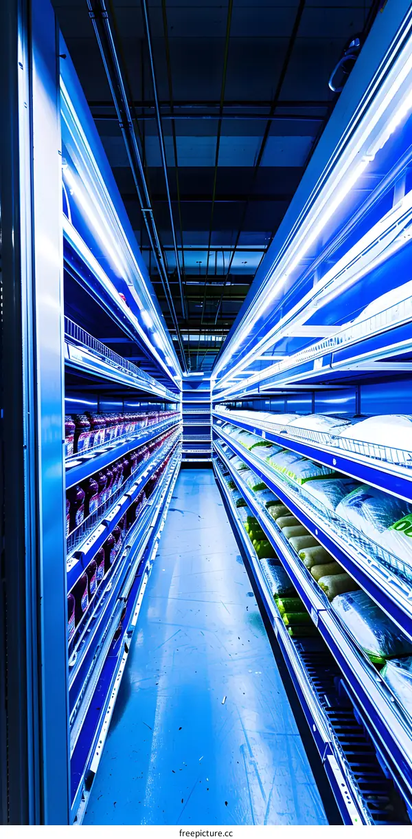 Blue Illuminated Grocery Store Aisle